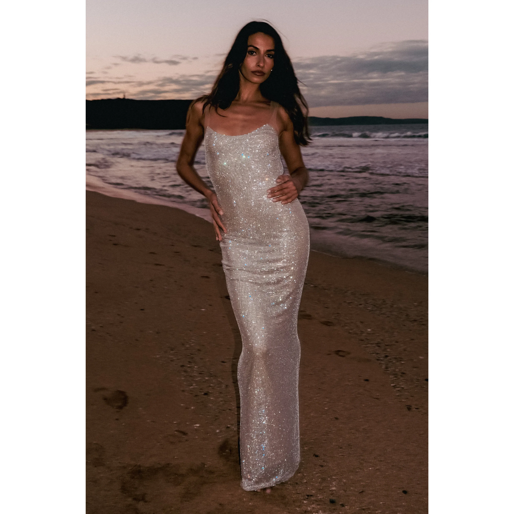 MESHKI Jasmyn Hot Fix Maxi Dress With Mesh Back - Nude in Cream